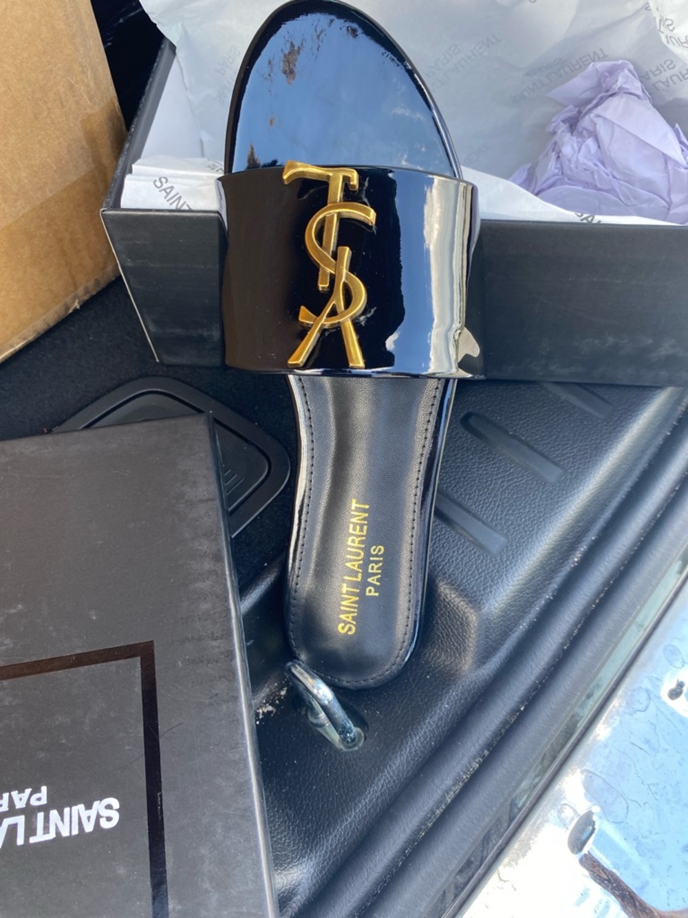 Saint Laurent Black Patent Slide with Gold YSL Emblem